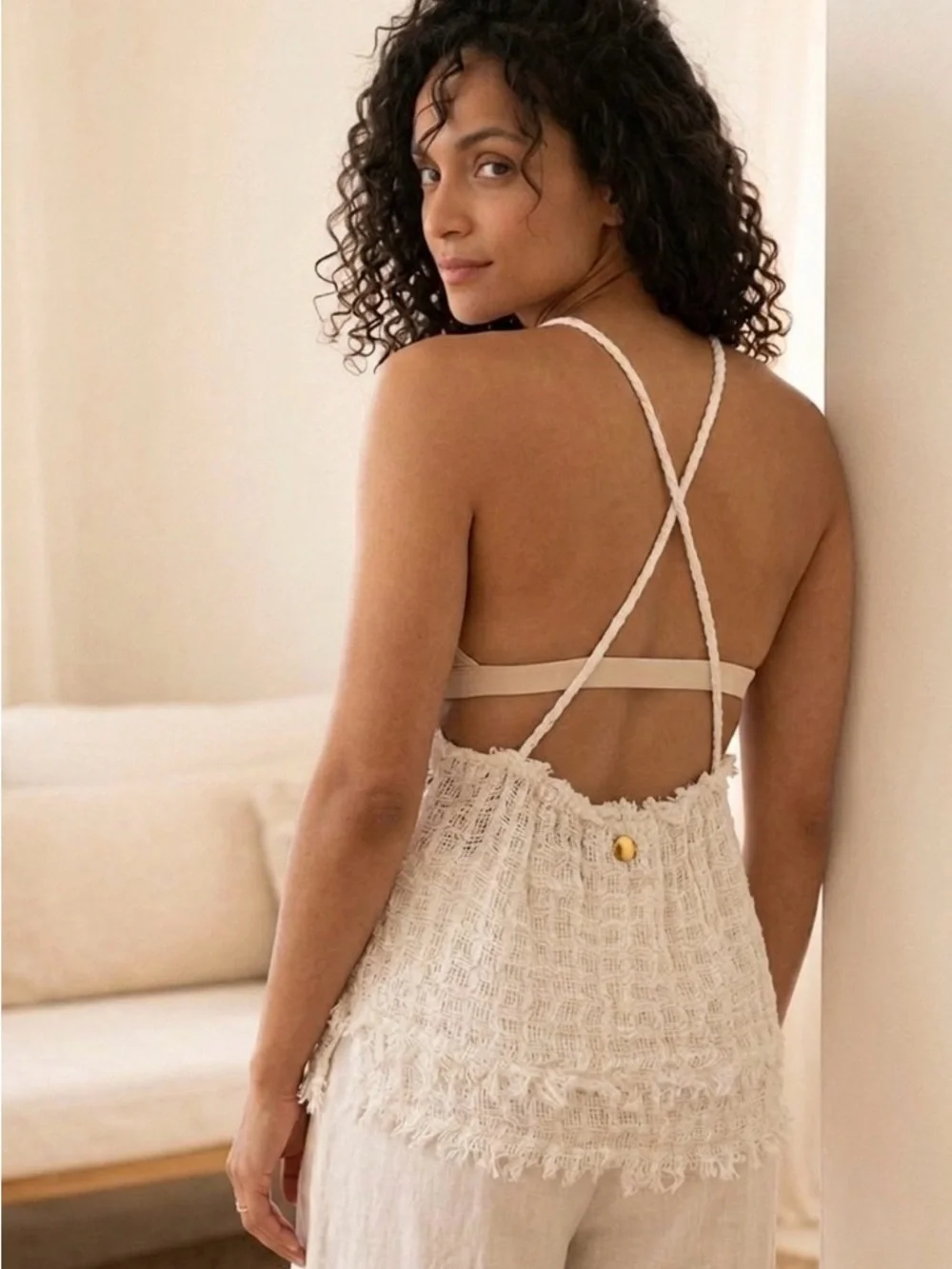 PAHIESA Formentera Boho Crochet Gauze Tie Front Top Open Back Fringe - Picture 2 of 9